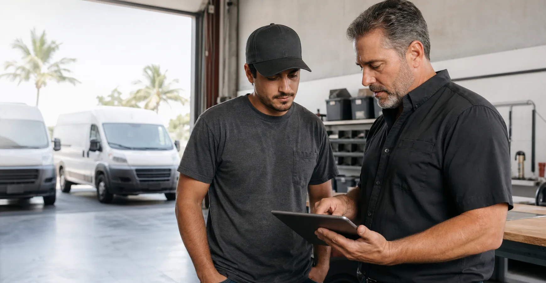 Example scene of a home-service owner and technician reviewing work together.
